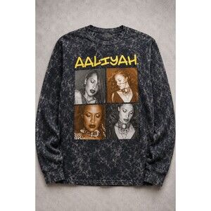 Aaliyah T Shirt Acid Wash Long Sleeve R&B Hip Hop Music Graphic Men's Large